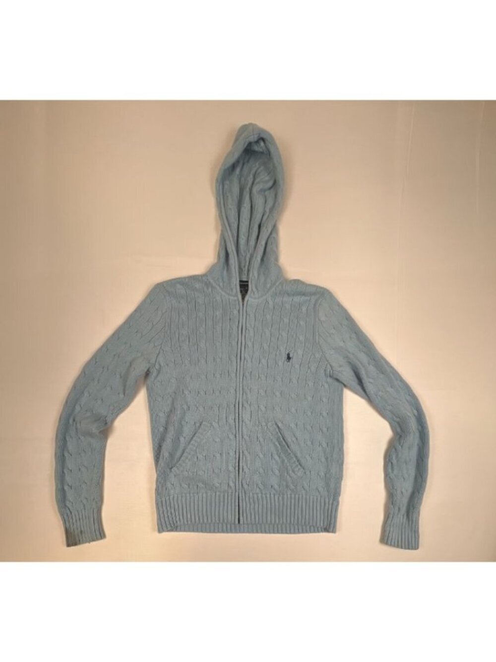 VTG Ralph Lauren Sport Women’s L Blue Cable Knit Full Zip Hoodie Sweater